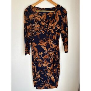 Lauren Ralph Lauren Navy Copper Floral Ruched Surplice Sheath Dress Size 4